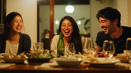 ディナーテーブルで笑い合うカップルと友人たち（ai生成画像）
