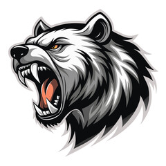 Obraz premium Ferocious Grizzly Bear Head Roaring with Sharp Teeth and Fiery Orange Eyes Vector Illustration