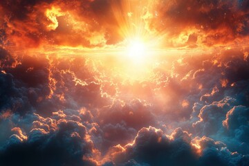 Obraz premium Ethereal cloudscape with radiant sunlight shining through dramatic clouds creating a heavenly atmosphere and a sense of awe inspiring celestial beauty
