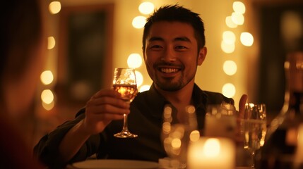 ディナーテーブルで笑い合うカップルと友人たち（ai生成画像）
