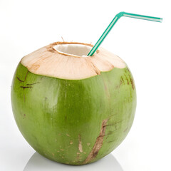 Fresh green coconut with straw ready to drinking isolated on transparent background