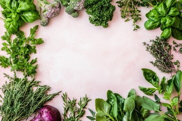 Fresh herbs and vegetables on pink background creating a vibrant culinary frame for healthy cooking and delicious food preparation with natural light