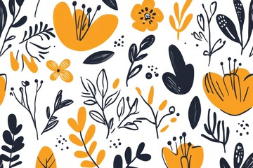 Whimsical floral pattern with vibrant yellow and dark navy flowers and foliage on a white background.  Detailed illustrations,  a playful and cheerful design