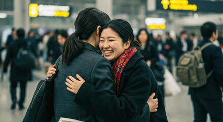 空港で友人と抱き合う女性（ai生成画像）