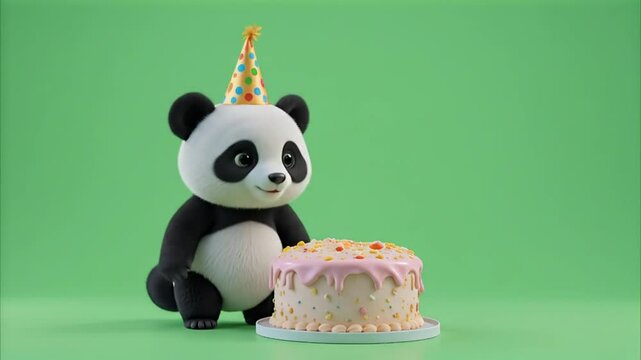 Birthday Panda with Cake and Party Hat