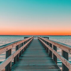 Obraz premium Serene sunset over tranquil ocean waters with a wooden pier stretching into the horizon capturing a peaceful scene in soft pastel tones