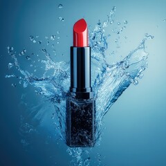 Design lipstik product advertising in water splash on blue background. 