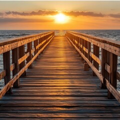 Obraz premium Serene sunset over ocean horizon with wooden pier leading to golden light and tranquil water reflecting warm hues in a peaceful seascape from low angle