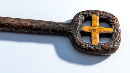Close-up of a vintage wooden key with a yellow cross design, showcasing its intricate details