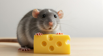 Fototapeta premium Gray Rat Holding a Block of Swiss Cheese on a Wooden Table in Bright Studio Lighting