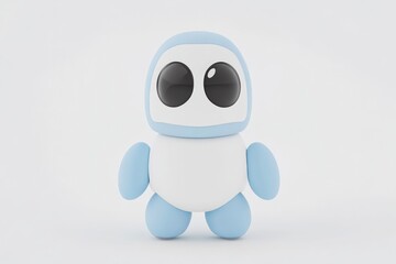 Fototapeta premium Cute cartoon robot. A light-blue, rounded robot with large black eyes, standing on a plain white background. Simple and friendly design
