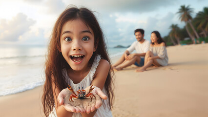 A perfect family holiday by the sea,the father and mother watching their daughter play on the beach, creating lasting memories.