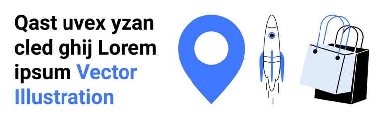 Blue location pin, launching rocket, and shopping bag combination. Ideal for logistics, navigation, retail, startup, marketing innovation and e-commerce. Clean flat landing page banner