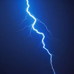 Vibrant blue lightning bolt illuminated against a rich, dark indigo background, with subtle gradient effects and nuanced shading, showcasing a highly detailed 3D rendering with intricate textures and 