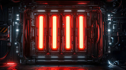 Dark futuristic sci-fi wall with glowing red neon vertical lights, high-tech metallic surface and cyberpunk atmosphere