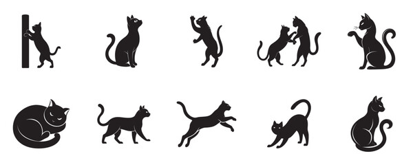 Cat Activities Silhouette Vector Set Sitting, Jumping, Grooming, Playing on White Background