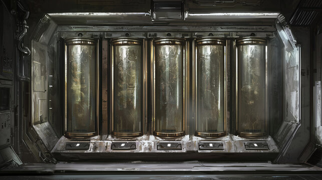 Five cryogenic pods containing human forms inside a dark, futuristic sci-fi chamber with industrial lighting.