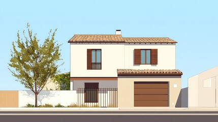 Mediterranean style house exterior, sunny day. Possible use Stock photo
