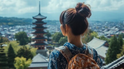 遺跡を見上げる女性と旅仲間たち（ai生成画像）