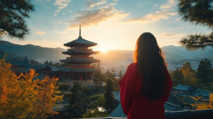 遺跡を見上げる女性と旅仲間たち（ai生成画像）