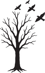 dead tree with birds black silhouette design vector art illustration