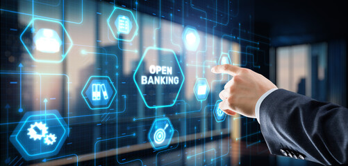 Businessman is touching hologram open banking. Technology Finance concept