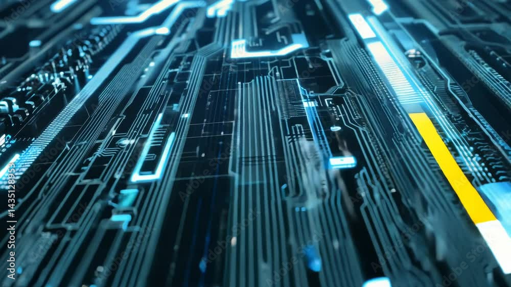 Poster motherboard with chips transferring network signals. circuit board concept with calculations on the 