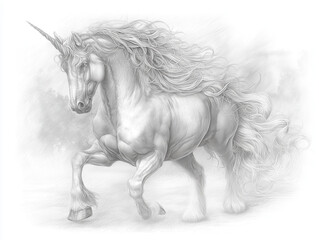 Detailed Pencil Drawing of a Majestic Unicorn in a Graceful Stance