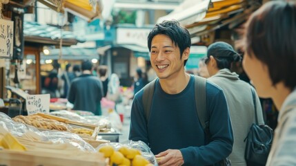 ローカルマーケットで笑顔を交わす男性（ai生成画像）