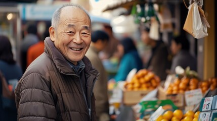 ローカルマーケットで笑顔を交わす男性（ai生成画像）