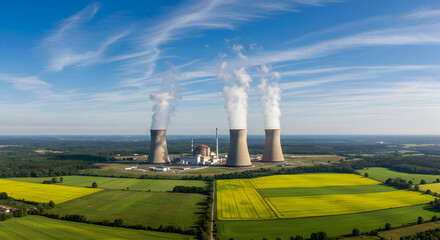 Aerial View of a Nuclear Power Plant with Tall Cooling Towers Emitting Steam in a Rural Landscape Under a Sunny Blue Sky