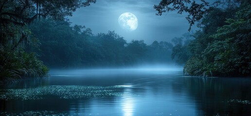 Fototapeta premium Moonlight reflection on water with mist and trees nature background