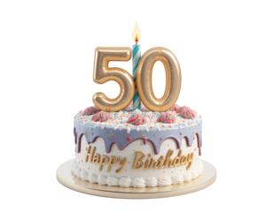 50th Happy birthday cake isolated on transparent background - PNG format.