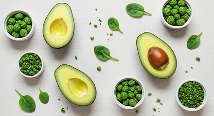 Fresh Avocado Flat Lay, Healthy Green Food Concept, Organic Avocado and Leaves Arrangement, Minimalist Food Photography, Natural Vegan Ingredients Display
