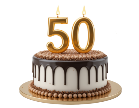 50th Happy birthday cake isolated on transparent background - PNG format.