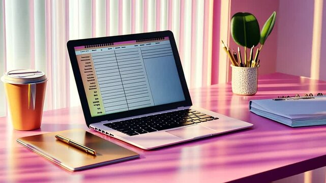 Pastel workspace: Stylish laptop setup with coffee and creative stationery items