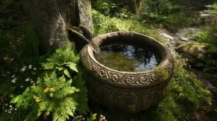 Fototapeta premium Moonlit garden scene with a weathered stone pitcher pouring water into a leaf-shaped basin, the sound attracting fireflies to the glistening surface