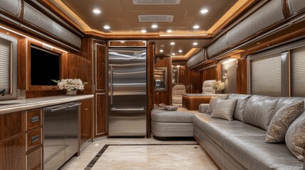 Bright and airy RV with modern wood-paneled cabinets, a large stainless fridge, and a cushioned gray sectional