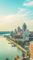 Obraz premium Serene cityscape view of Cincinnati Ohio skyline along the Ohio River with tranquil water reflecting the urban architecture under a soft sky