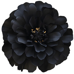 A close up view of a dark flower with golden accents in the center on a black background space