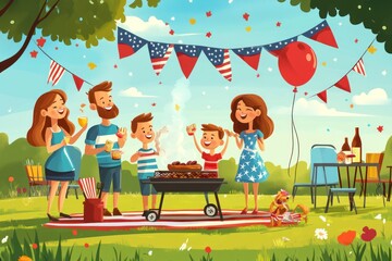 Cartoon illustration of a joyful American family at a picnic with barbecue, flags, and balloons, celebrating in a patriotic park setting