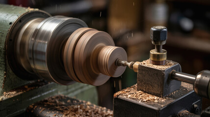 Woodwork lathe in workshop shaping wooden object with wood shavings flying around