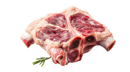 raw cut of meat. specifically a piece of lamb or beef. with visible marbling and bone structure. accompanied by a sprig of rosemary this presentation highlights its freshness and quality. suitable for