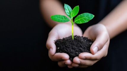 A small sprout held gently in cupped hands, representing nurturing and growth.  Dark background emphasizes the delicate plant