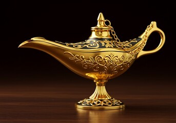 Fototapeta premium Ornate golden genie lamp with chain on wooden surface