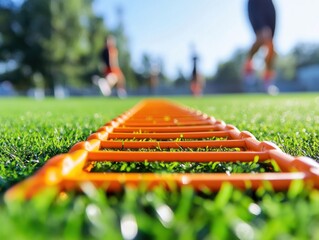 Athletic agility ladder on green grass field training for speed and footwork drill in sunny day workout routine fitness concept healthy lifestyle