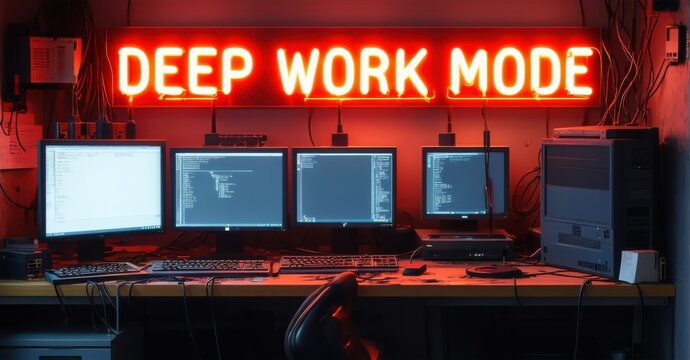 Workspace illuminated by vibrant red neon sign reading DEEP WORK MODE. Multiple monitors display code. Desk setup suggests focused programming environment. Dim lighting creates intense atmosphere.