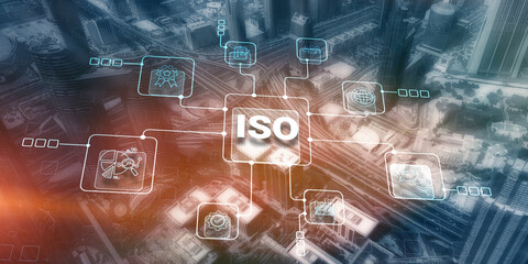 Quality standards ISO business technology concept on city background