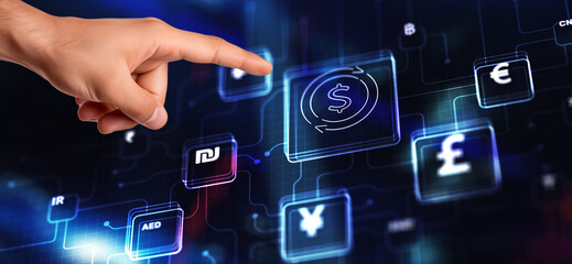 Concept of international currency market. World currencies icons
