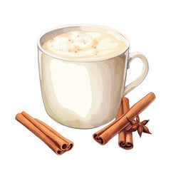 cup of eggnog with cinnamon sticks cute watercolors illustration on white background